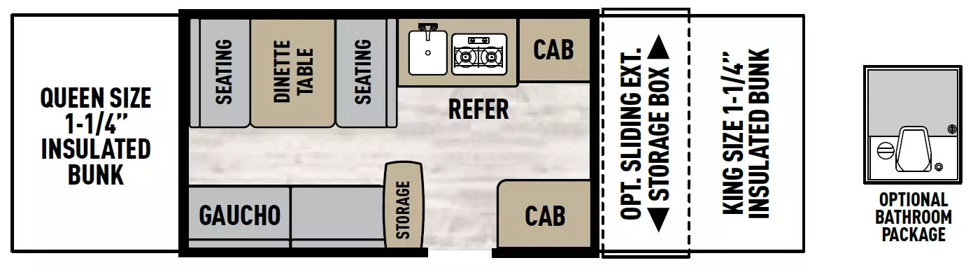 The Viking V -Trec V2  has 0 slideouts and 1 entry door. Interior layout from front to back; Queen size 1 1/4 inch insulated bunk with sliding exterior storage box; off-door side dinette table with seating and range with sink, refrigerator, cabinets; door side cabinet near entry and gaucho hide a bed with storage near entry; rear Queen size bed with 1 1/4 inch insulated bunk.