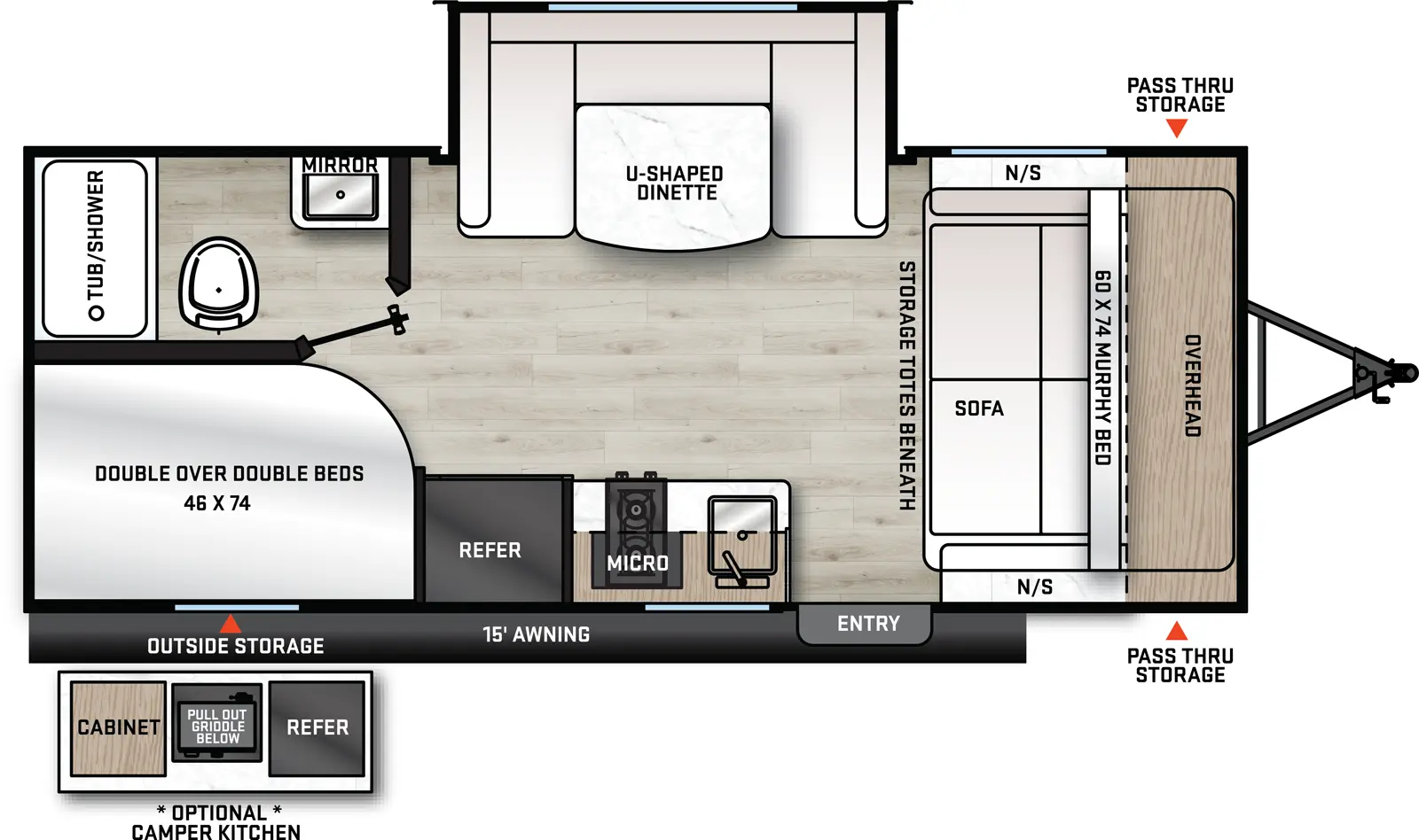 The 180BHS has 1 slide out on the off-door side and 1 entry door. Exterior features include outside storage on door side, optional camper kitchen on the door side, 15 foot awning, and front pass through storage. Interior features from front to back include: front murphy bed that fold out into a 60x74 bed, front overhead cabinets, night stands on each side of the bed, U-shaped dinette in the slide out, kitchen on the door side with refrigerator, microwave, stovetop, single basin sink and overhead cabinet; double over double 46 x 74 bunk beds in the rear door side corner; bathroom with tub/shower, toiler, sink and medicine cabinet in the rear off-door side.